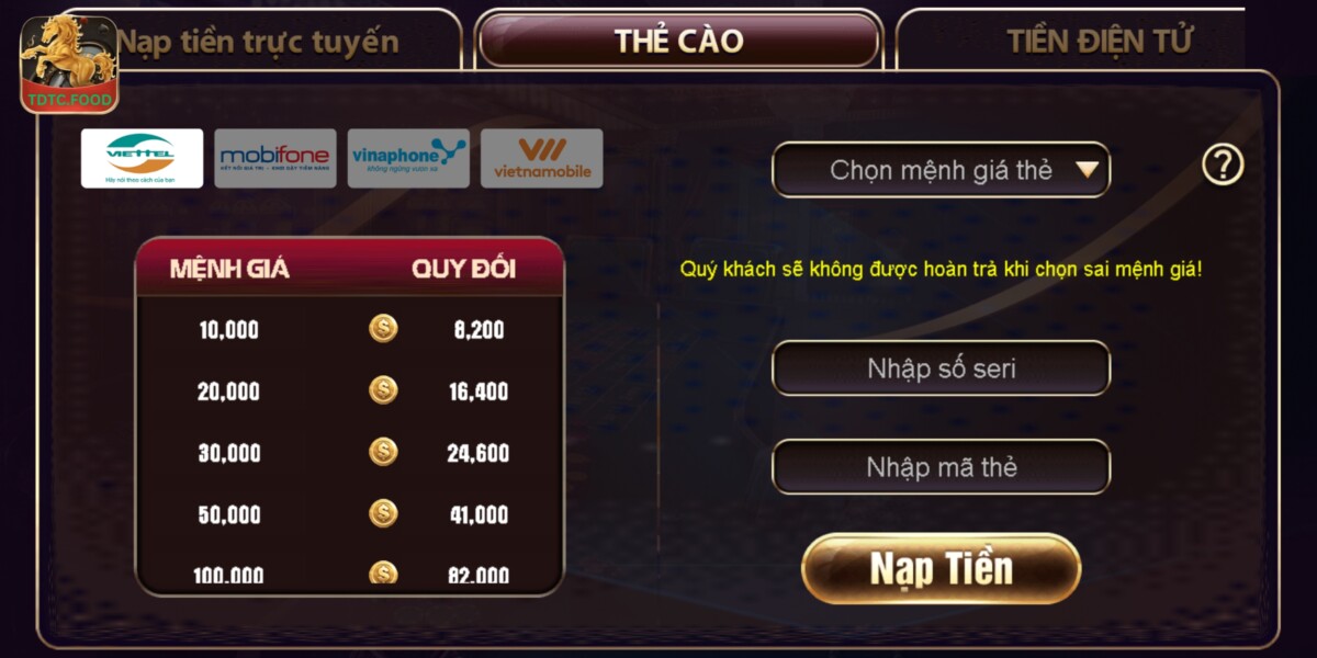 Chọn thẻ cào nhà mạng cũng là phương án rất hữu dụng cho người chơi