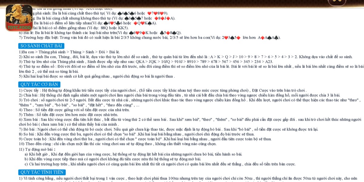 Quy định về giá trị bài được đưa ra rõ ràng để cược thủ nắm bắt